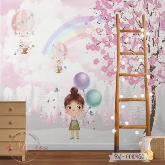 Papel de Parede Menina com Balões e Arco-Íris