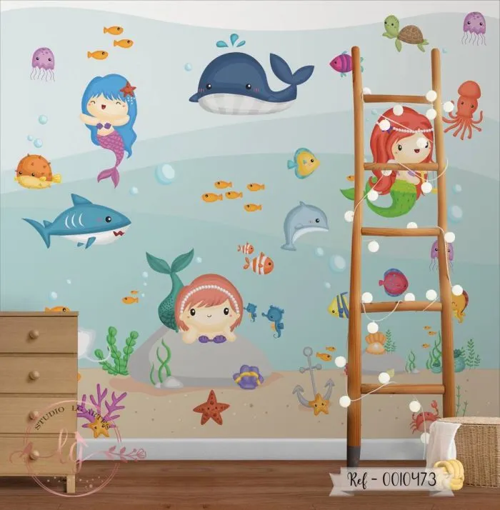 Papel De Parede Fundo do Mar Sereias Baby