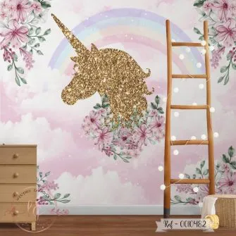 Papel de Parede Unicórnio Encantado com Arco-Íris