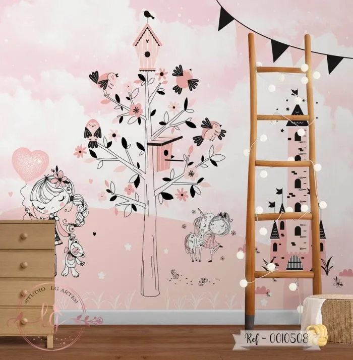 Papel De Parede Menina Castelo Com Meninas e Unicórnio