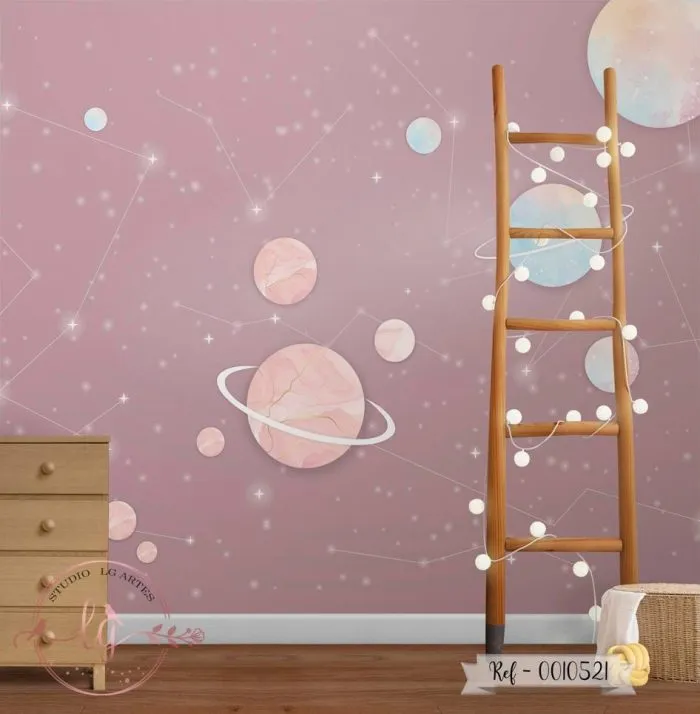 Papel de Parede Planetas - Fundo Rosa