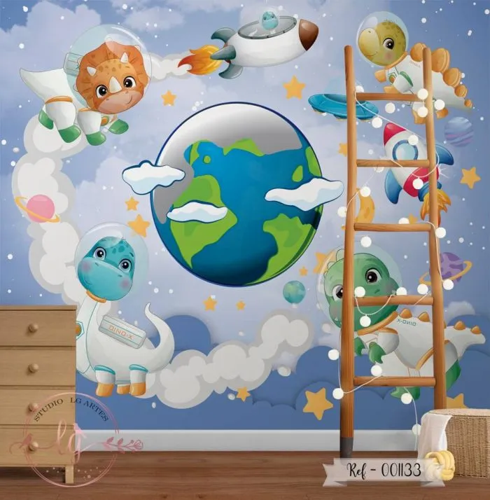 Papel de Parede Planeta Terra com Foguetes e Dinos