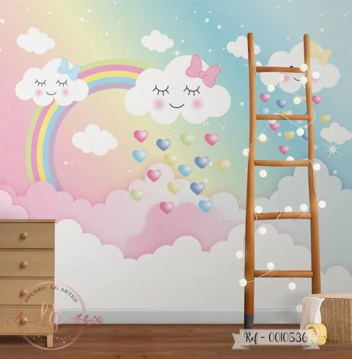 Papel de Parede Nuvens e Chuva de Corações