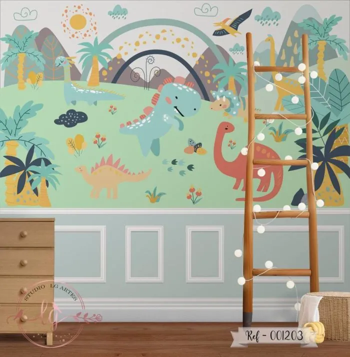Papel de Parede Dinossauros no Jardim Decorado