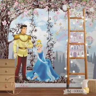 Papel de Parede Princesa Cinderela com Príncipe no Castelo