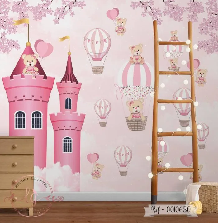 Papel De Parede Castelo com Ursinhos no Balão Rosa