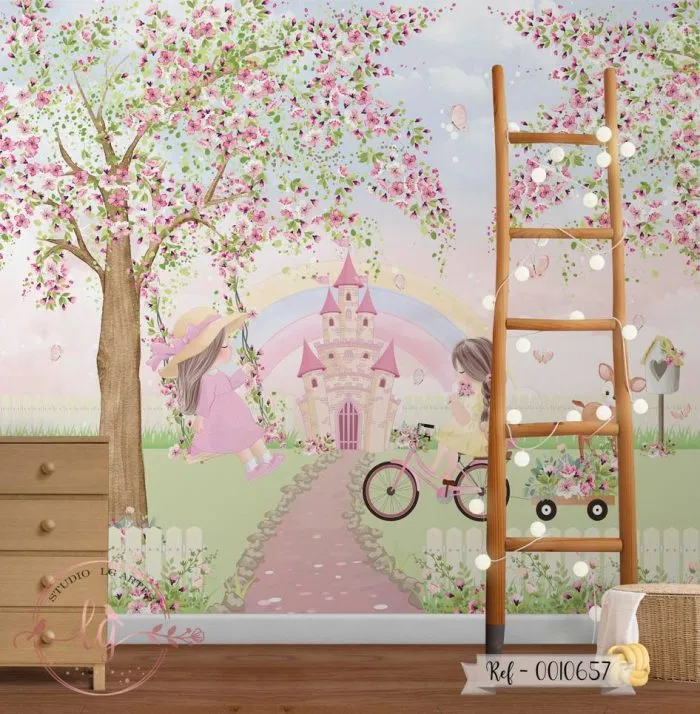 Papel De Parede Castelo Com Meninas e Arco-Íris