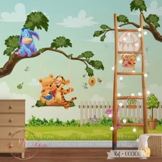 Papel de Parede Ursinho Pooh e Tigrão no Balanço