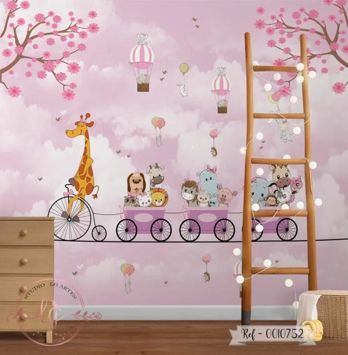 Papel De Parede Safari Rosa Com Balões