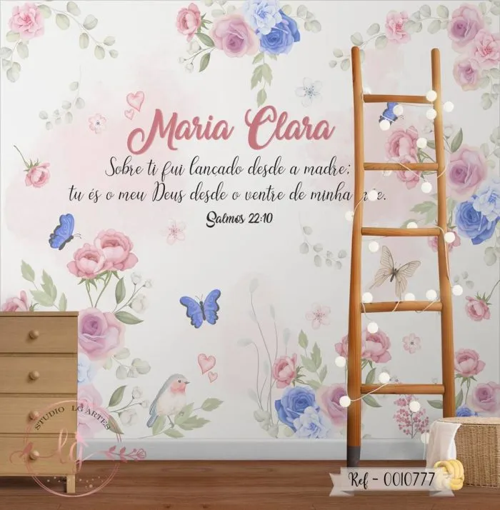 Papel de Parede Borboletas Azuis com Flores