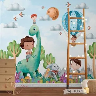 Papel de Parede Meninos Brincando com os Dinossauros