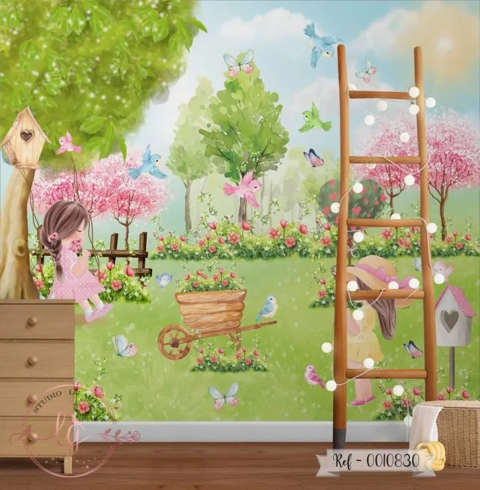 Papel de Parede Menina no Jardim Decorado
