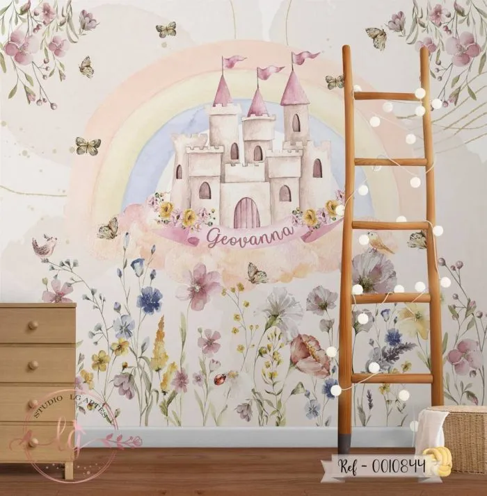 Papel De Parede Personalizado Castelo com Flores e Arco-Íris