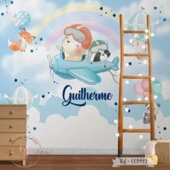 Papel de Parede Ursinho Voando com Avião Azul