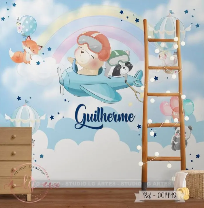 Papel de Parede Ursinho Voando com Avião Azul