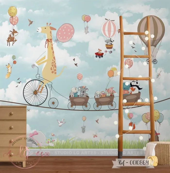 Papel De Parede Safari Azul Bebê e Balões