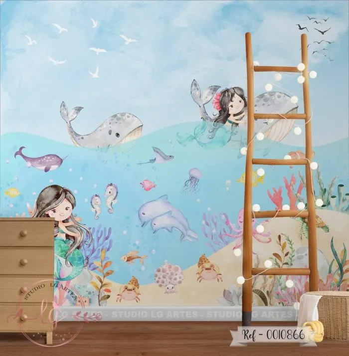 Papel De Parede Baleias E Sereias Brincando