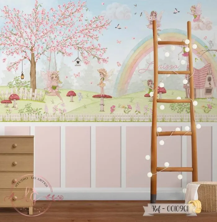Papel de Parede Menina com Balões e Arco-íris