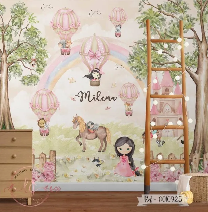 Papel De Parede Personalizado Menina Arco-Íris Com Balões