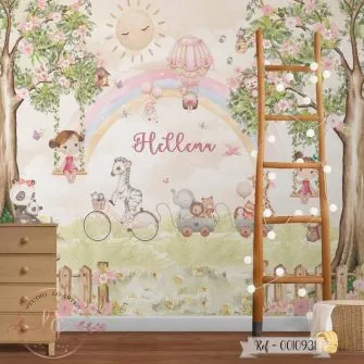 Papel De Parede Safari Com Arco-Íris e Meninas no Balanço