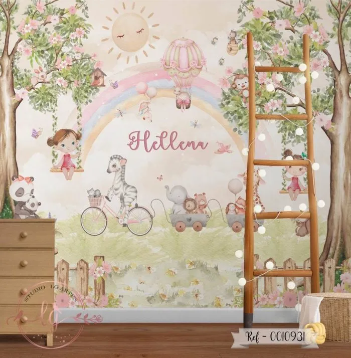 Papel De Parede Safari Com Arco-Íris e Meninas no Balanço