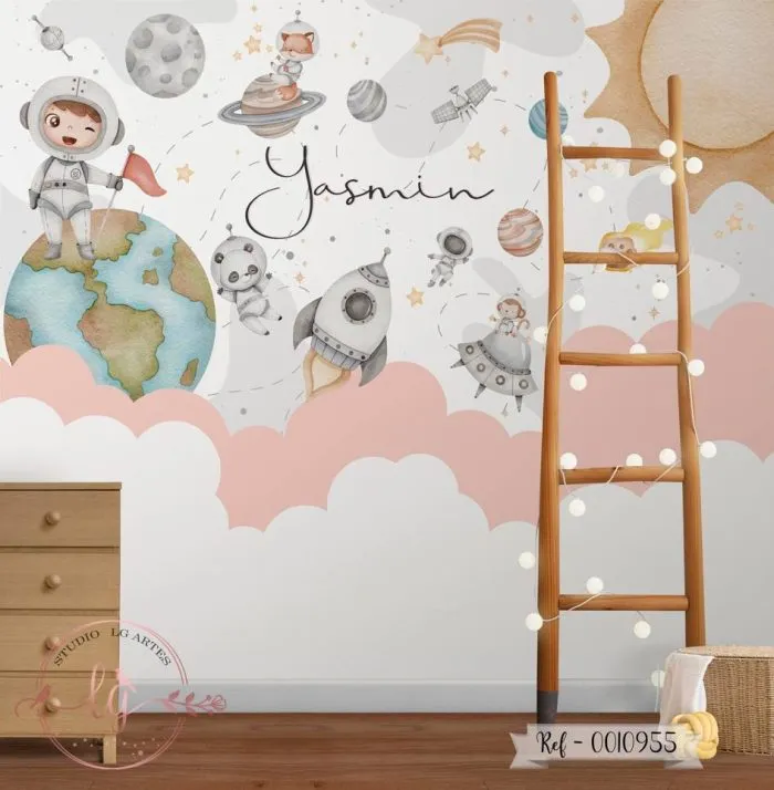 Papel de Parede Criança Astronauta  - Nuvem Rosa