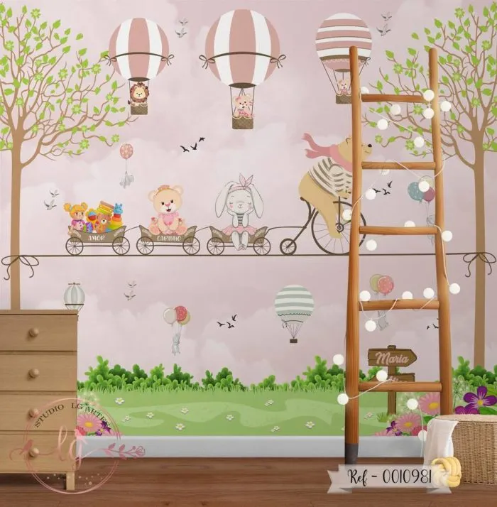 Papel De Parede Safari Rosa Com Balões