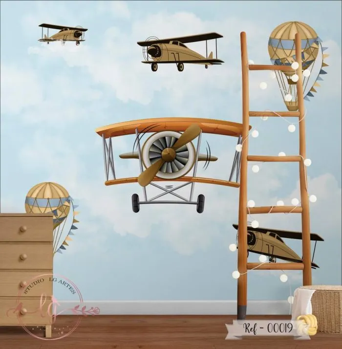 Papel de Parede Avião com Balões