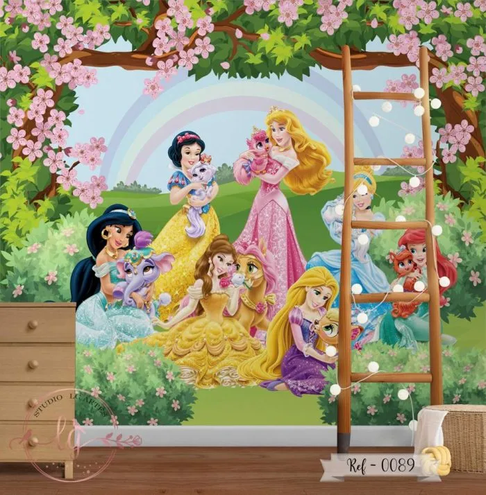 Papel de Parede Princesas com Gatos com Painel Floral