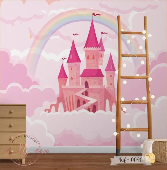 Papel De Parede Menina Castelo Rosa Com Arco-Íris