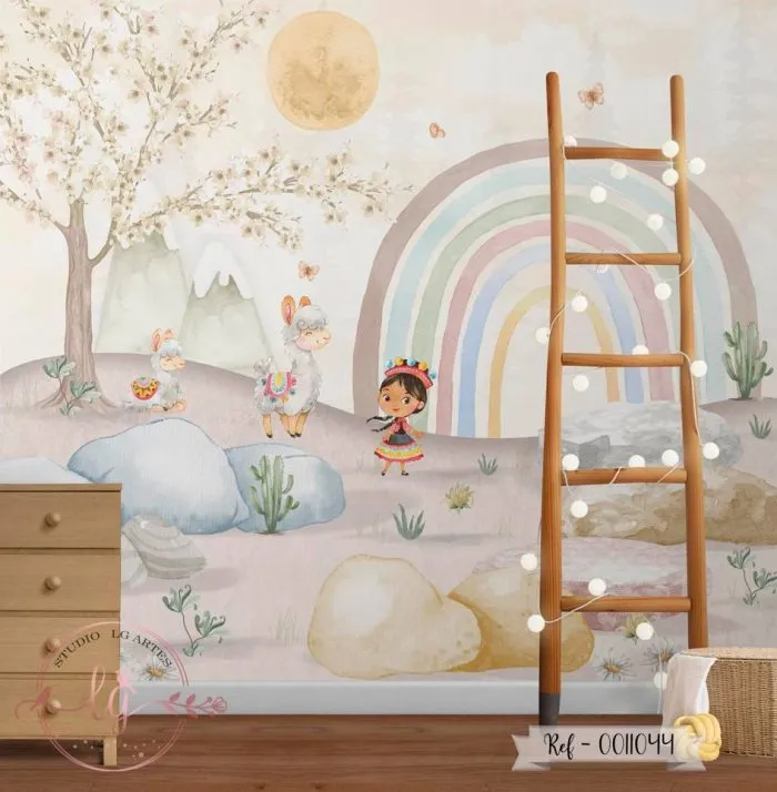 Papel De Parede Menina Com Carneirinhos E Arco-Íris