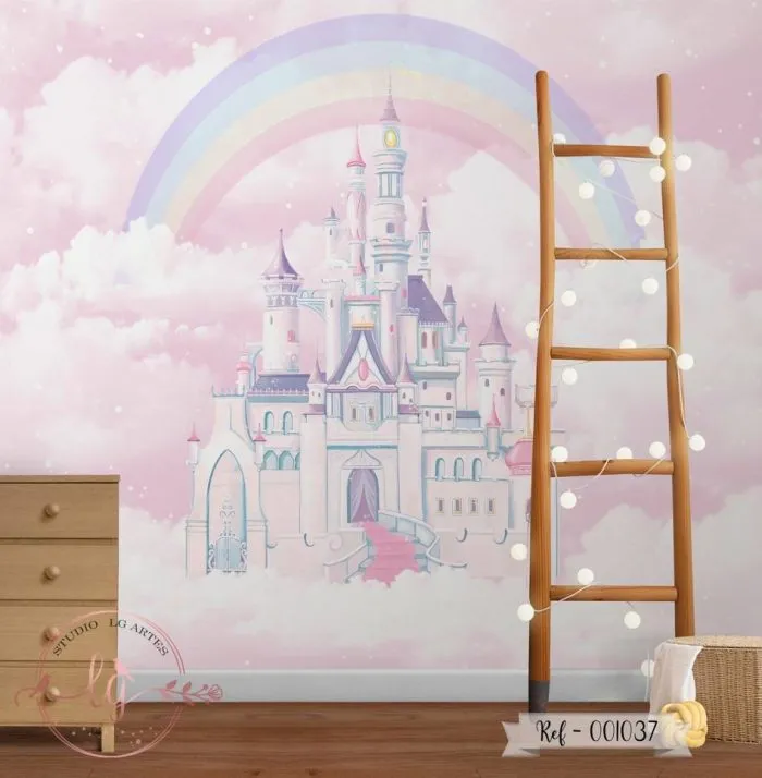 Papel De Parede Menina Castelo Lilás e Arco-Íris