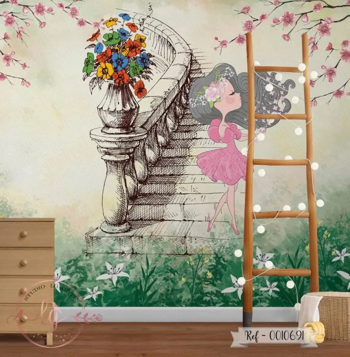 Papel de Parede Menina na Escada do Jardim