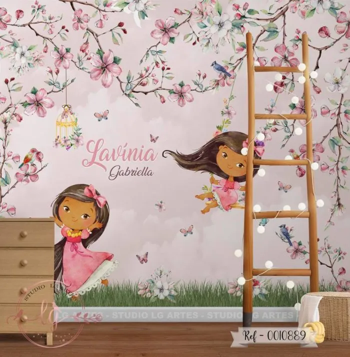 Papel de Parede Meninas Brincando com as Flores