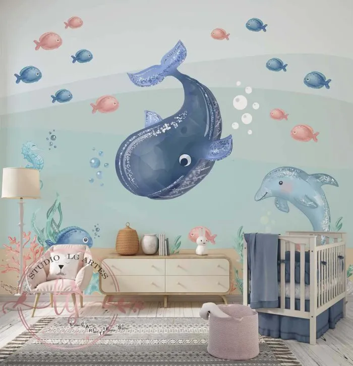 Papel De Parede Fundo do Mar Baleia e Peixinhos - Imagem 2